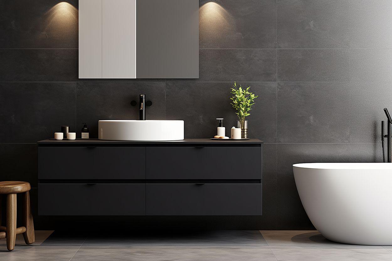 Dark bathroom design with free-standing tub