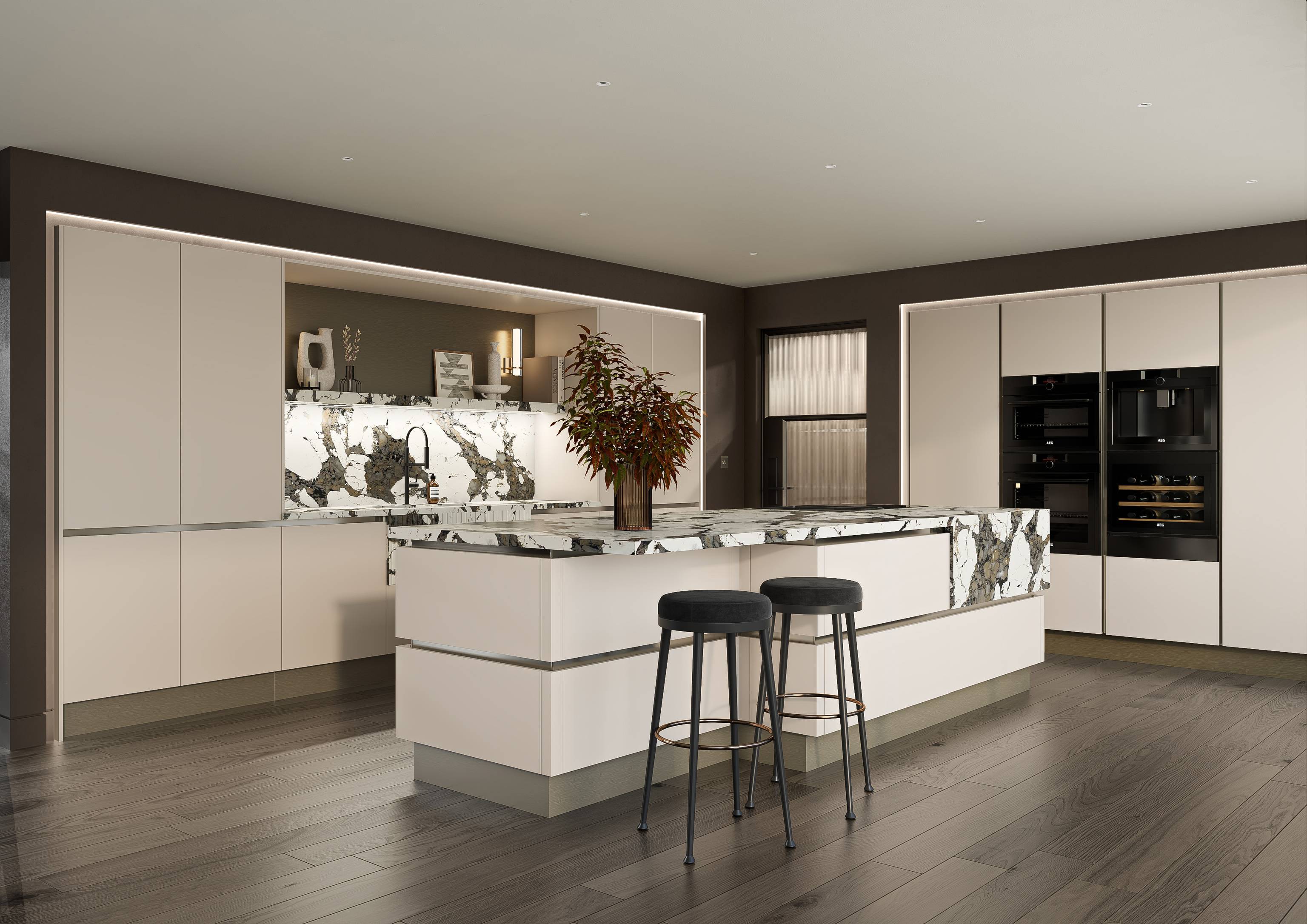 Let your imagination run wild! Image of a cutting edge kitchen design with marble effect and cream finish