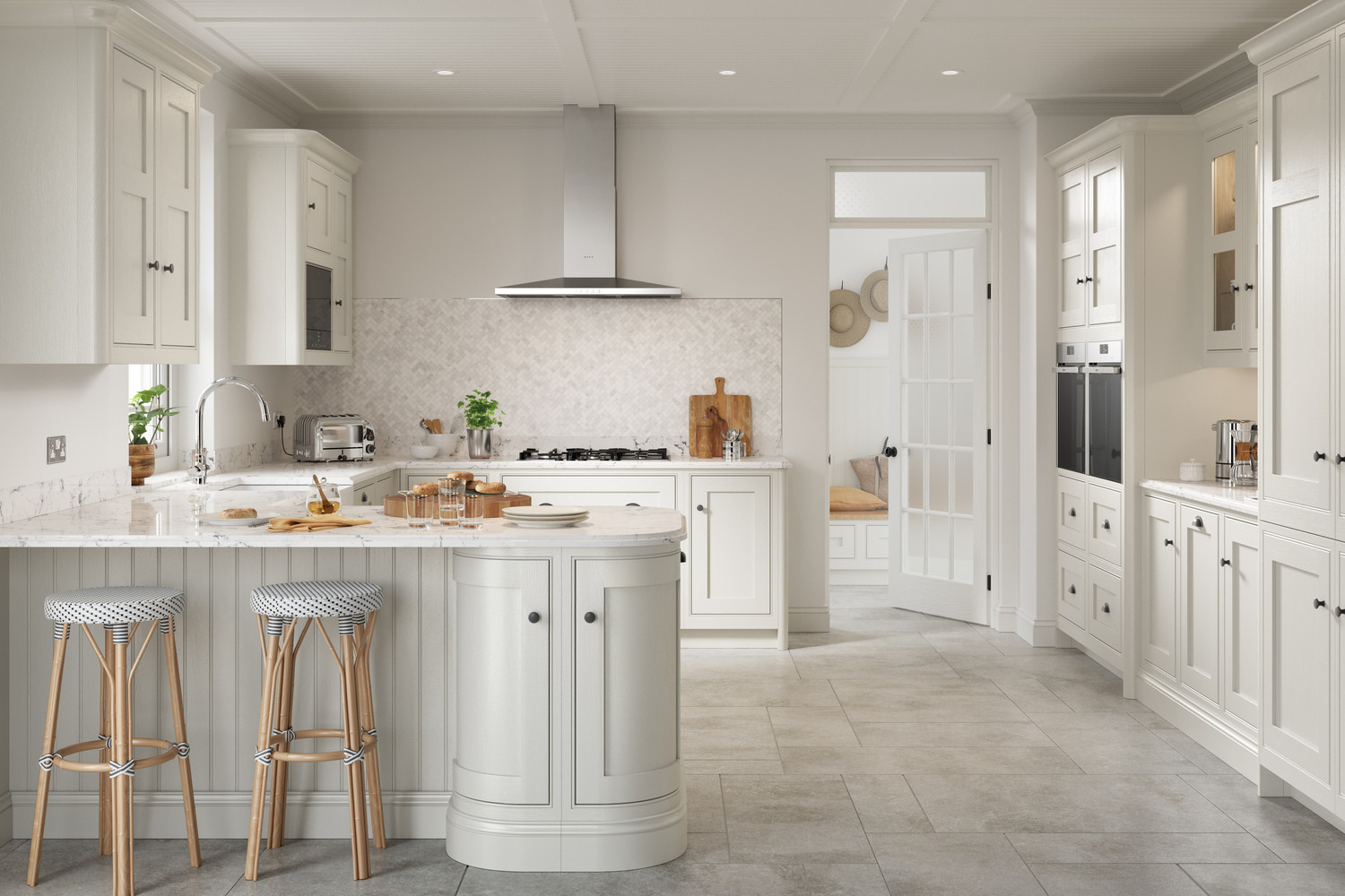Image of the classic kitchen design in white and off white