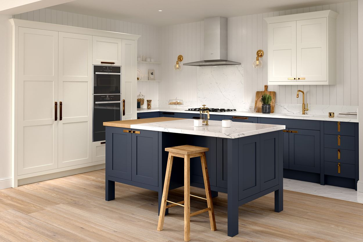 Blue shaker kitchen design with cream cabinet finish