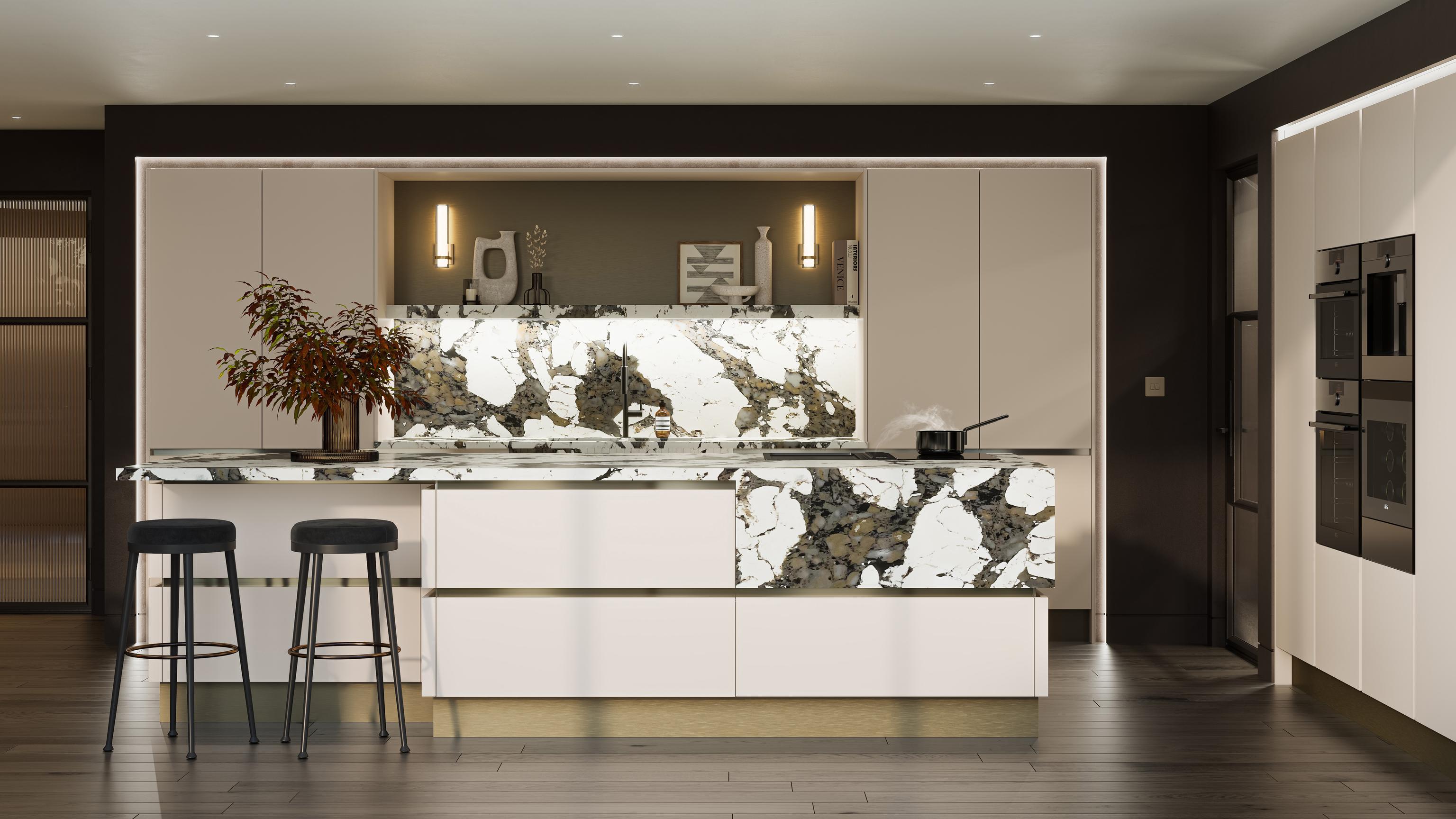 A cutting edge kitchen design with marble effect and gold finish